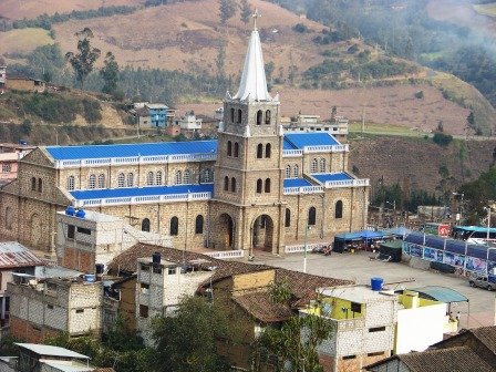 Even in small town the Catholic church has a  large presence. Bolivar Provence, Ecuador